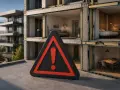 Panneau d'avertissement devant un bâtiment en coupe montrant l'isolation, soulignant l'importance de l'atténuation acoustique pour le confort.