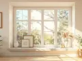 Une fenêtre avec allège pleine, décorée de cadres, de plantes et de vases, baignée de soleil.