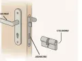 Détail d'une serrure : poignée, cylindre et le mécanisme de la serrure sur une porte.