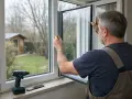 Un ouvrier installe une nouvelle fenêtre, remplaçant un ancien vitrage simple. Un jardin et un cabanon sont visibles à travers la vitre.