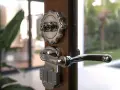 Poignée de porte en métal chromé, avec un bouton rotatif et un loquet, un type de serrure élégant pour une entrée moderne.