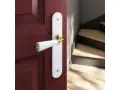 Poignée de porte blanche sur fond bordeaux, avec un escalier en bois visible. Quelle couleur de poignée pour porte blanche ? L'or brille.