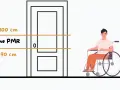 Illustration montrant la hauteur idéale du tire-doigt pour une porte coulissante, respectant la norme PMR. Un homme en fauteuil roulant est présent.