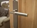 Poignée de porte d'entrée en métal brossé, au design moderne avec un manche texturé, fixée sur une porte en bois clair.