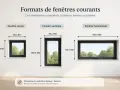 Fenêtre PVC grise avec meneau central, format vertical, 70x100 cm, vue sur des arbres.