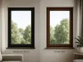 Fenêtre aluminium noir et fenêtre bois brun, deux options de menuiserie mixte pour un intérieur lumineux.
