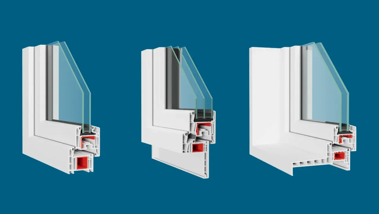 Coupes transversales de profilés de fenêtre en PVC blanc, montrant la structure interne et le double vitrage. Un dormant fenêtre bien isolé.