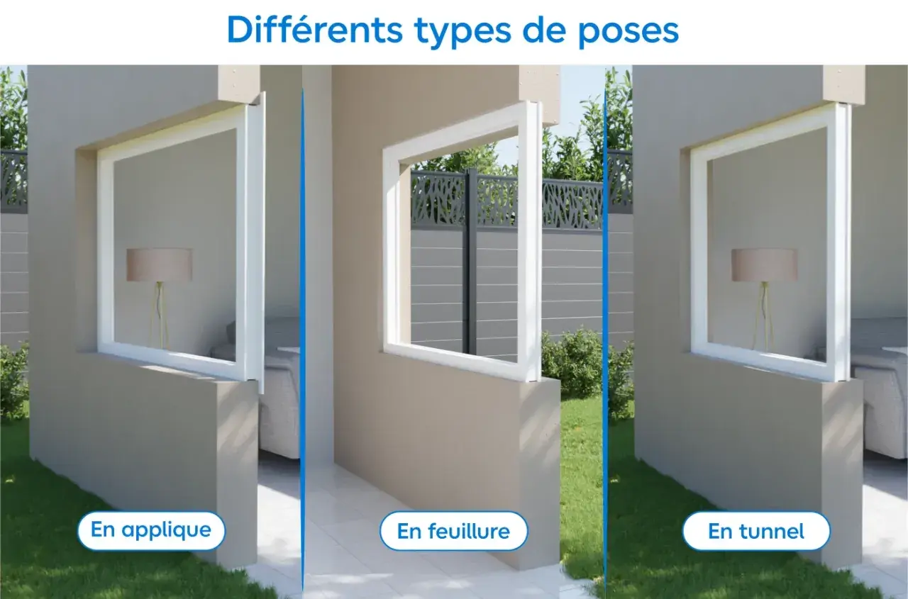 Trois types de pose fenêtre : en applique, en feuillure et en tunnel, montrant différentes installations.