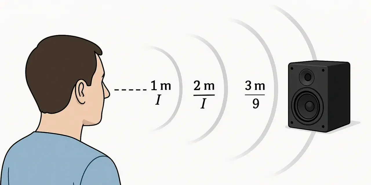 Illustration montrant l'effet de la distance sur l'intensité sonore. L'intensité diminue avec la distance, suivant une échelle des db.