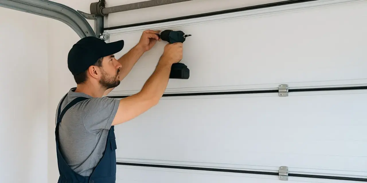 Un technicien effectue la fixation moteur porte de garage avec une perceuse.