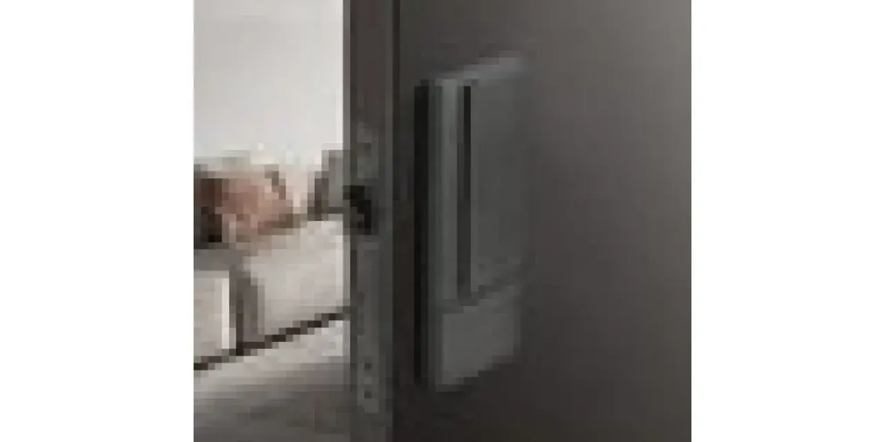 Poignée de porte grise sur fond sombre, avec une serrure silencieuse visible sur le côté.
