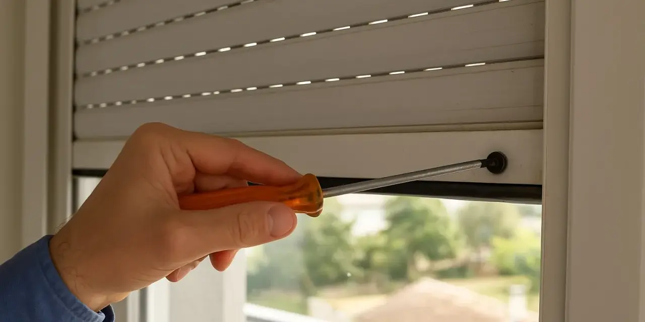 Main tenant, une personne utilise un tournevis pour réparer un volet roulant qui ne s'ouvre pas complètement.