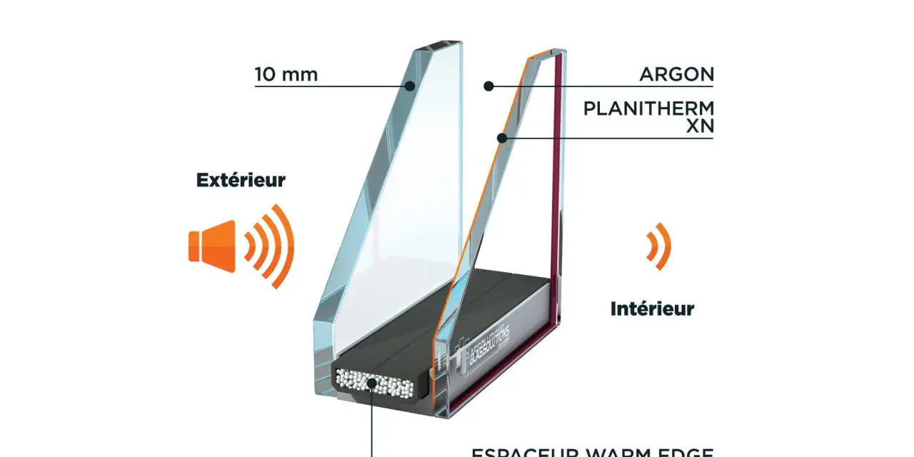 Coupe d'un double vitrage phonique avec couche d'argon et espaceur warm edge, bloquant les sons extérieurs.