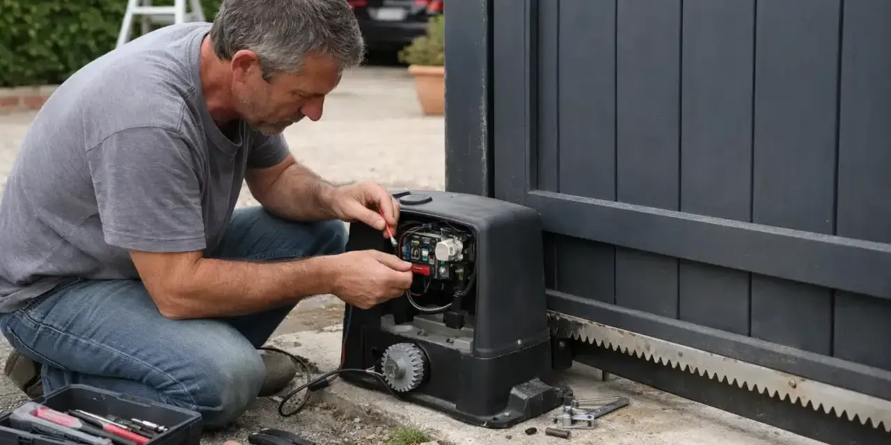 Un homme répare le moteur d'un portail électrique coulissant. Outils à proximité.