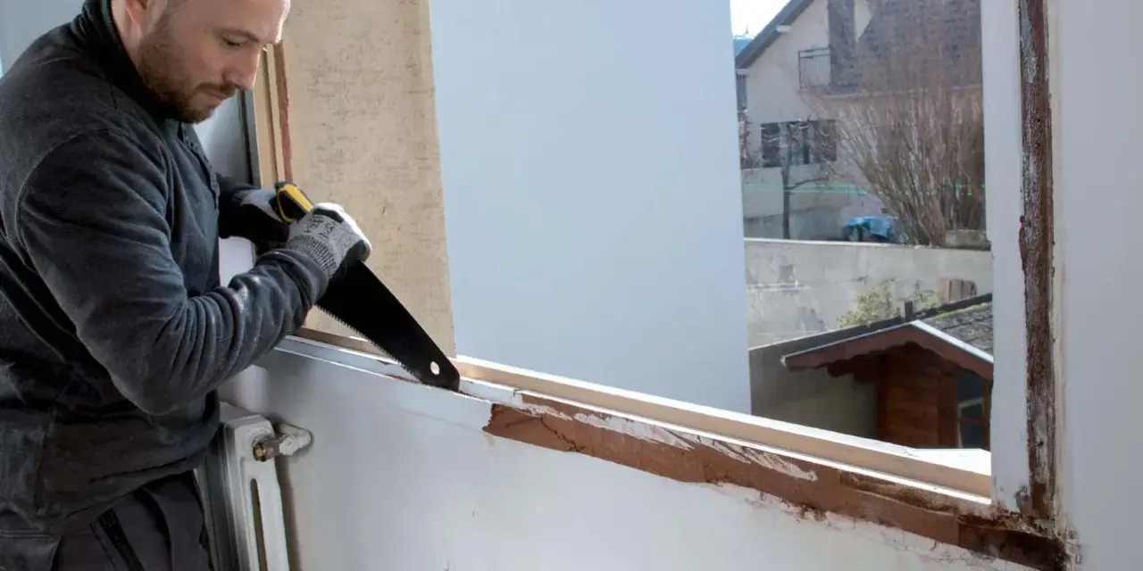 Un homme procède au démontage d'une fenêtre PVC avec une scie, révélant le cadre en bois sous-jacent.