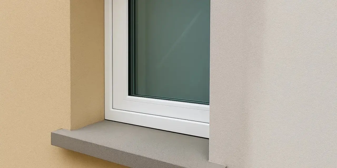 Une pose fenêtre sur appui de fenêtre en pierre grise, avec un mur extérieur texturé beige et un mur blanc cassé.