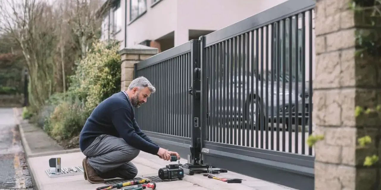 Un homme ajuste le moteur d'un portail automatique. Outils et pièces sont disposés sur le trottoir, prêts pour l'installation.