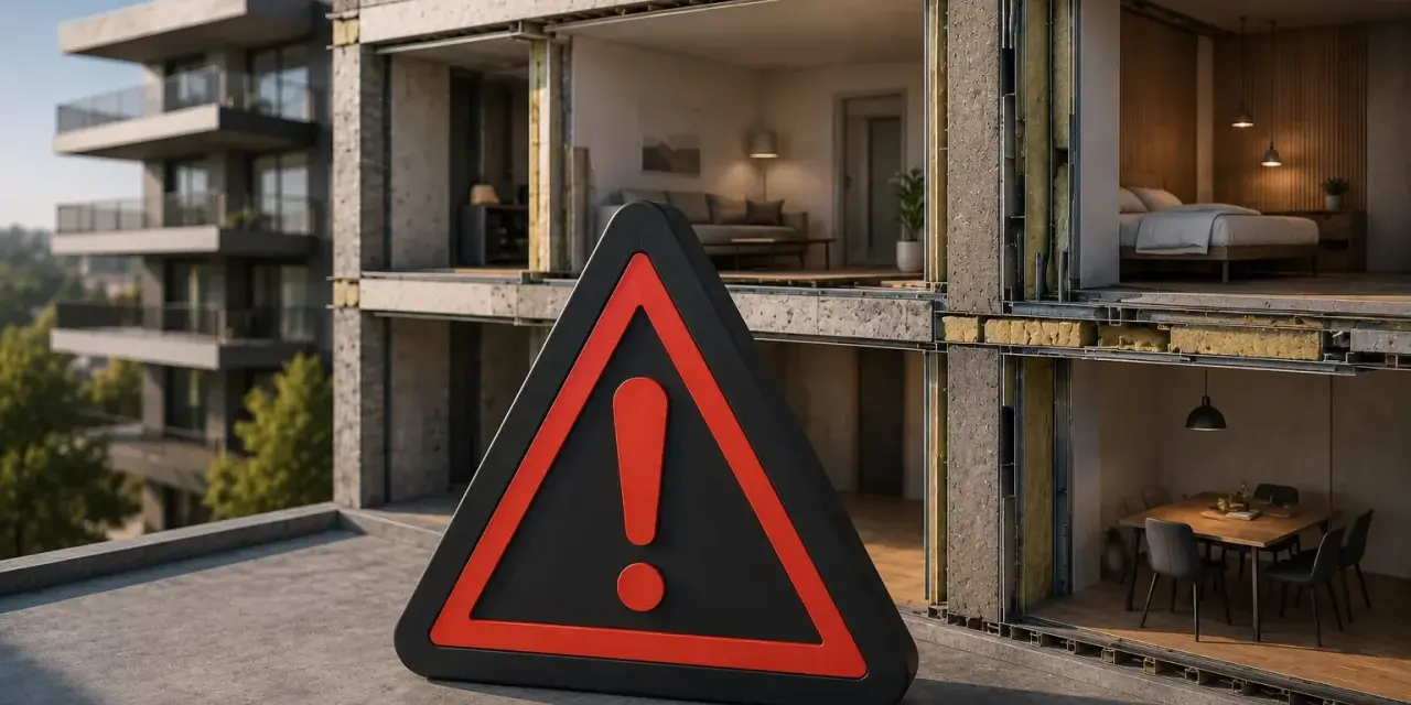 Panneau d'avertissement devant un bâtiment en coupe montrant l'isolation, soulignant l'importance de l'atténuation acoustique pour le confort.