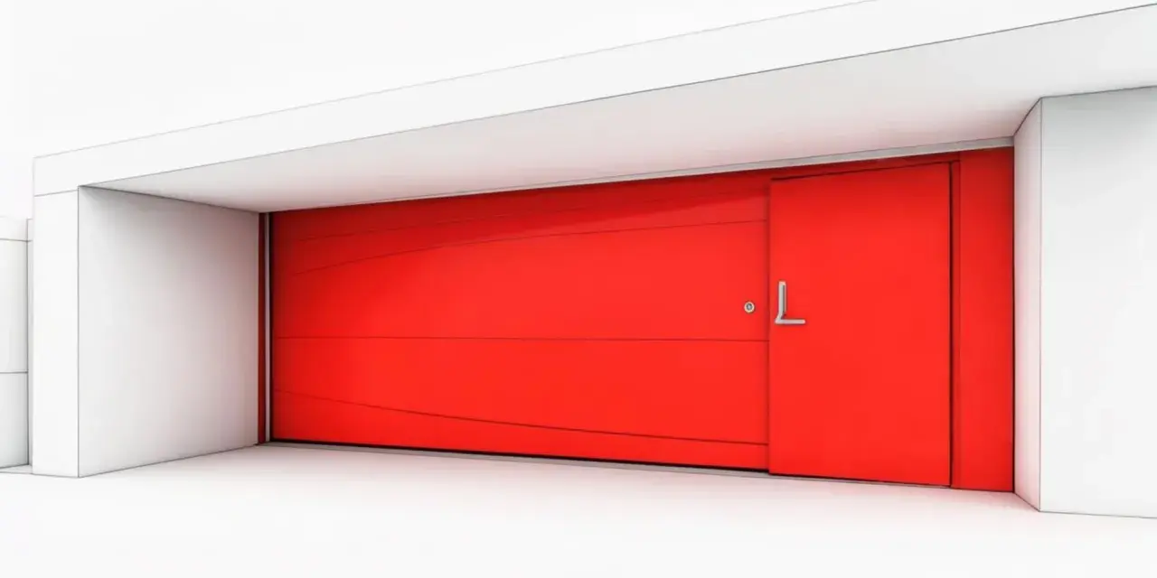 Une porte de garage rouge vif, au design moderne avec une porte latérale intégrée.