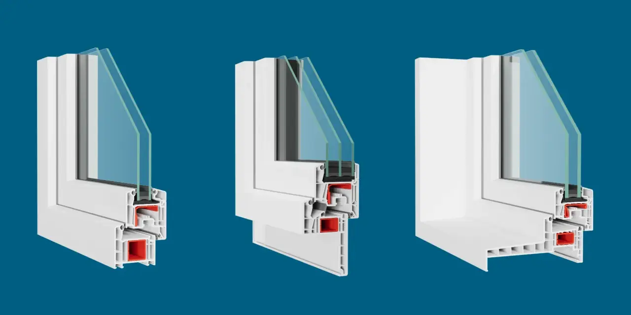 Coupes transversales de profilés de fenêtre en PVC blanc, montrant la structure interne et le double vitrage. Un dormant fenêtre bien isolé.