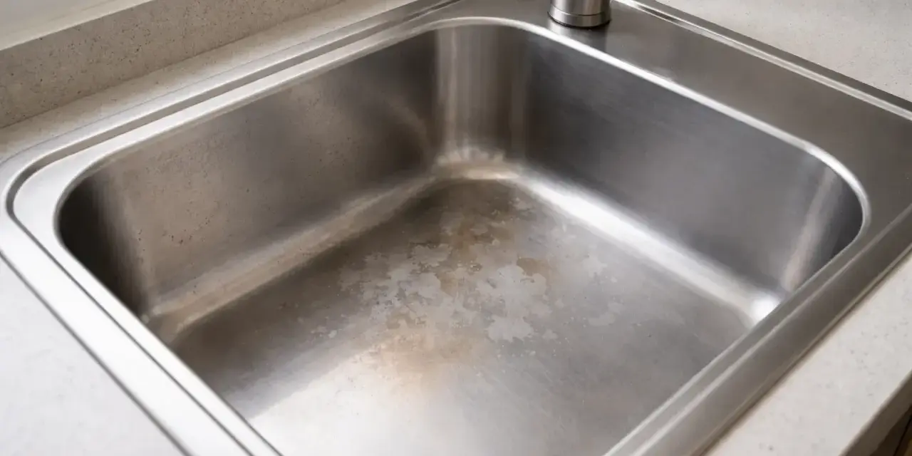 Évier en inox taché par acide, montrant des marques de corrosion sur le fond.