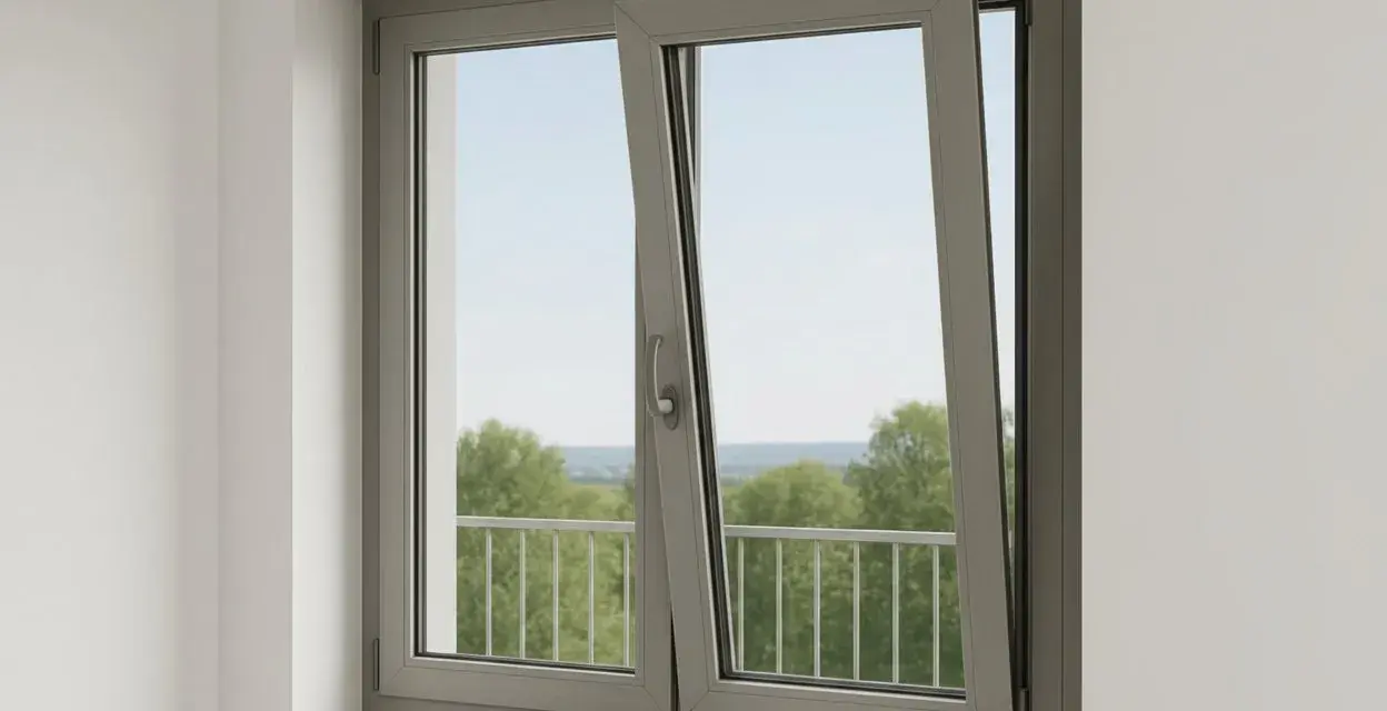 Fenêtre grise avec une ouverture par le haut, laissant entrer la lumière et offrant une vue sur des arbres verdoyants et un ciel bleu.