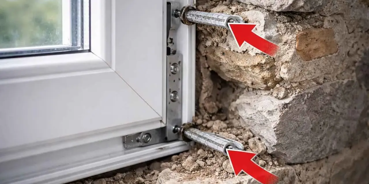 Fixation d'une pose fenêtre bois dans un mur en pierre. Les flèches rouges indiquent les fixations métalliques.