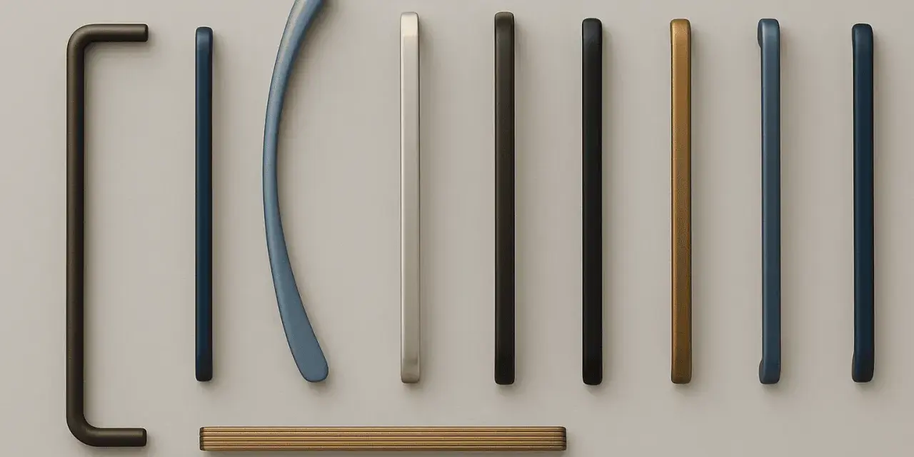 Poignées de meubles aux finitions variées, du bronze patiné au bleu moderne, sans signe de zamak corrosion.