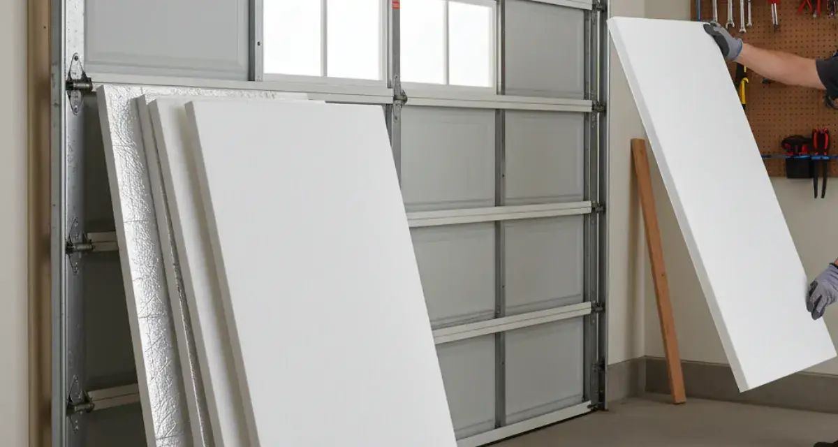 Une personne prépare des panneaux pour isoler une porte de garage. Des feuilles de polystyrène blanc sont empilées, une est tenue par des mains gantées.