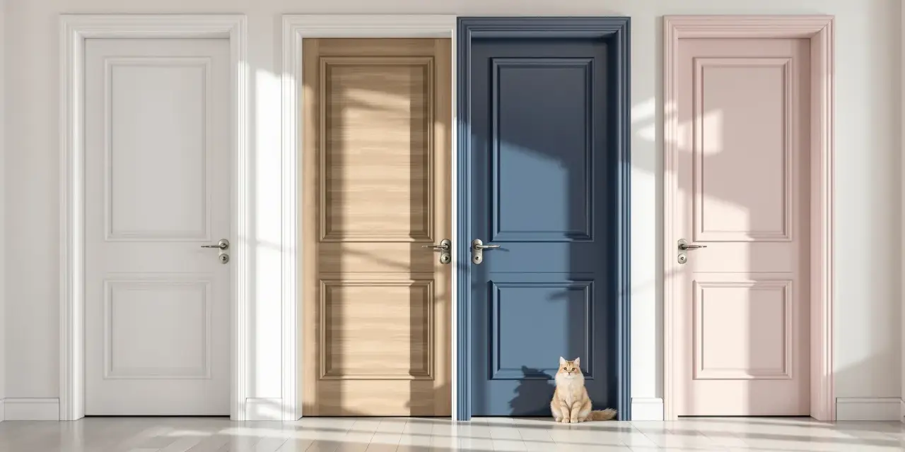 Un chat roux hésite devant quatre portes intérieures : blanche, bois clair, bleu marine et rose pâle. Quelle couleur choisir pour les portes intérieures ?