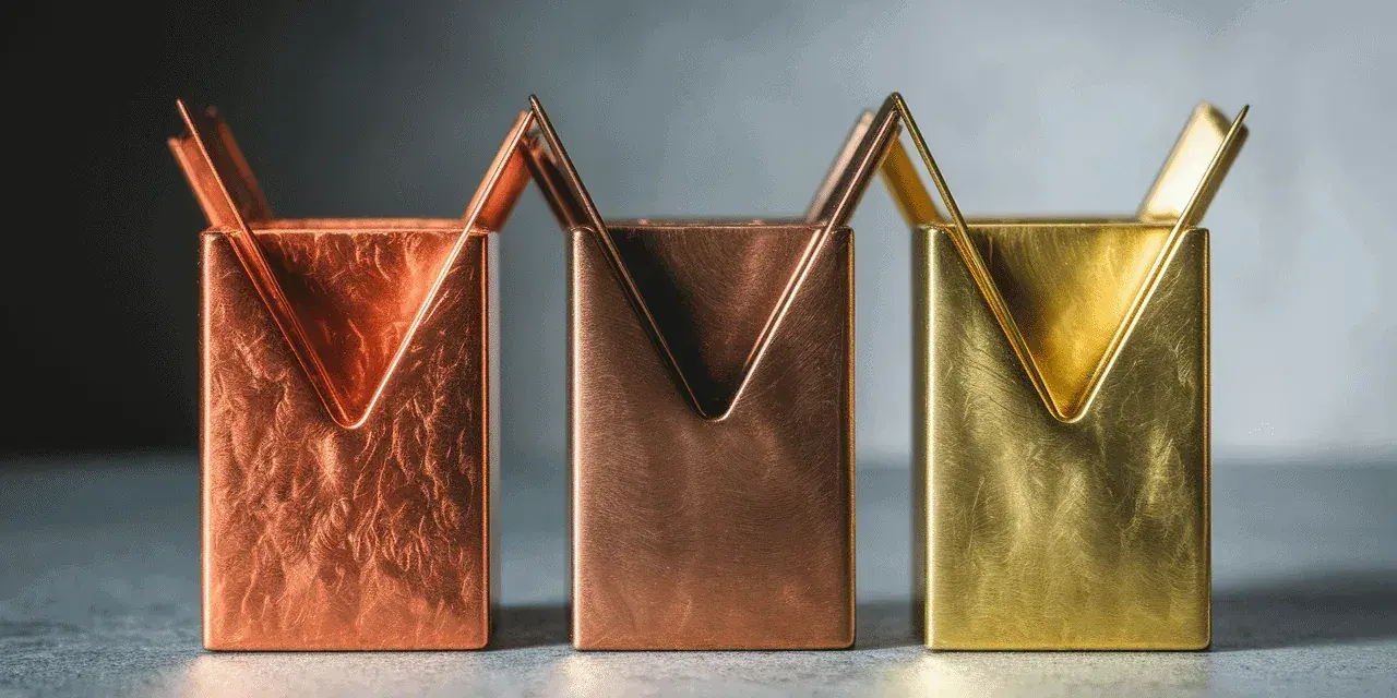 Trois porte-stylos aux formes géométriques, dont un en couleur laiton, sur un fond sombre.