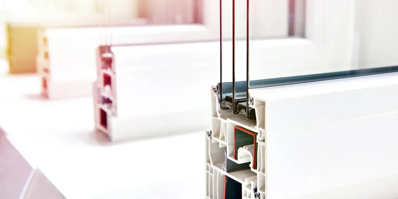 Profilé de fenêtre PVC blanc en coupe, montrant le double vitrage et les chambres d'isolation pour un excellent coefficient thermique double vitrage.