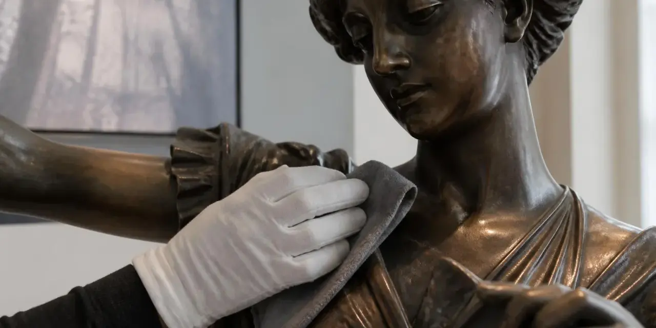 Gant blanc nettoyant délicatement une statue en bronze. Apprenez comment nettoyer bronze pour préserver sa beauté.