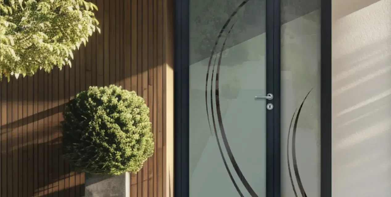 Porte d'entrée moderne avec un type de vitrage décoratif aux motifs courbes. Un arbuste et un arbre apportent une touche de verdure.