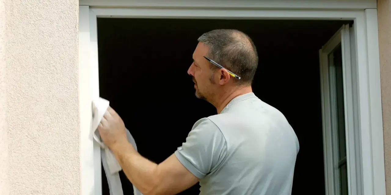 Pose d'une fenêtre en rénovation sur ancien dormant. L'ouvrier nettoie le cadre avec un chiffon.