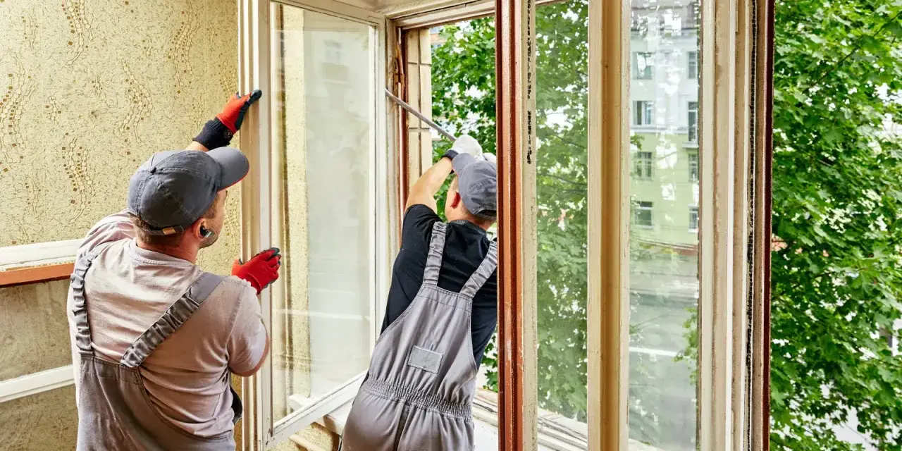 Deux ouvriers remplacent un vieux double vitrage des années 70. Ils travaillent sur un cadre en bois usé, avec vue sur des arbres verdoyants.