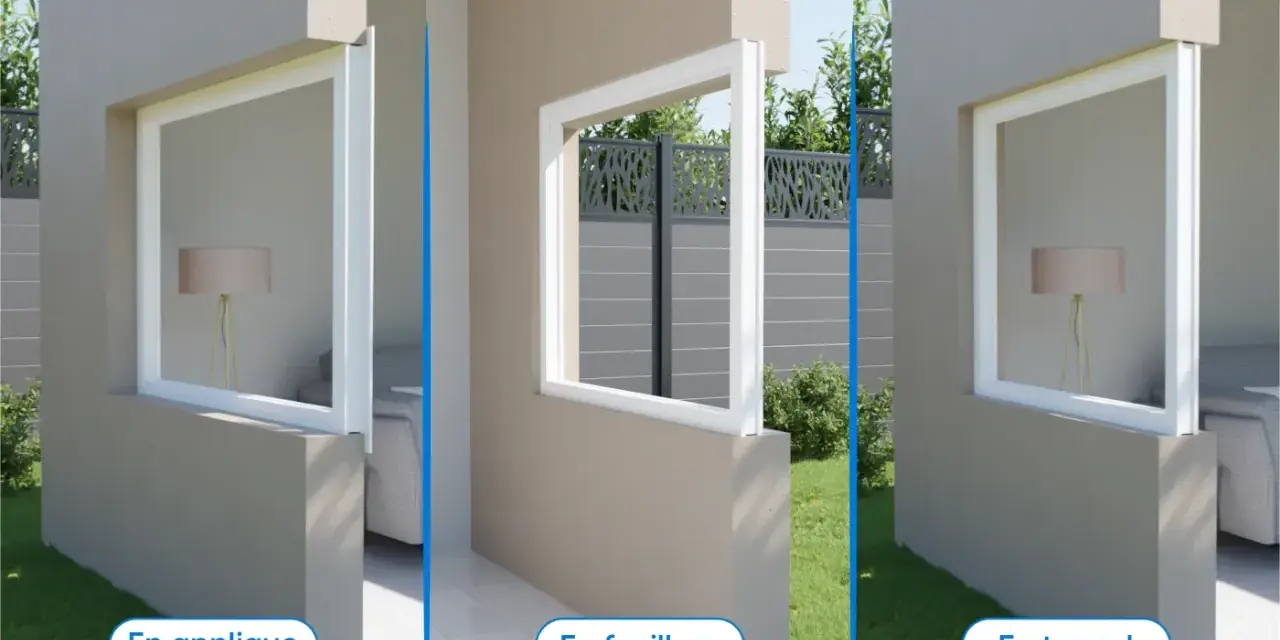Trois types de pose fenêtre : en applique, en feuillure et en tunnel, montrant différentes installations.