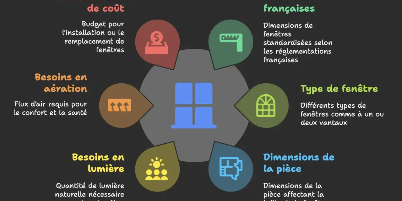 Schéma illustrant les facteurs influençant la forme de fenêtre : coût, aération, lumière, dimensions de la pièce, type et normes françaises.