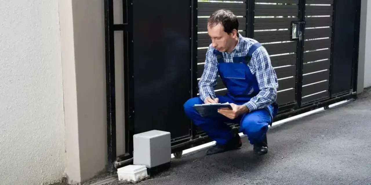 Un technicien vérifie le passage de gaine pour portail coulissant, prenant des notes sur son carnet.