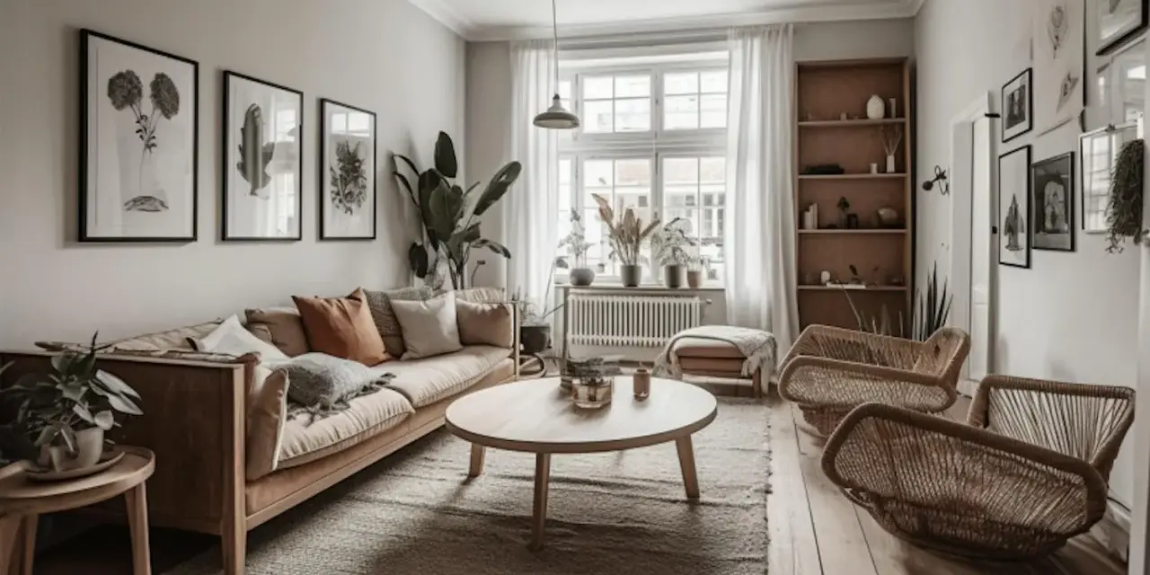 Salon cosy avec canapé beige, table basse ronde en bois clair, fauteuils en rotin et une grande fenêtre. La couleur fenêtre bois se marie aux éléments naturels.
