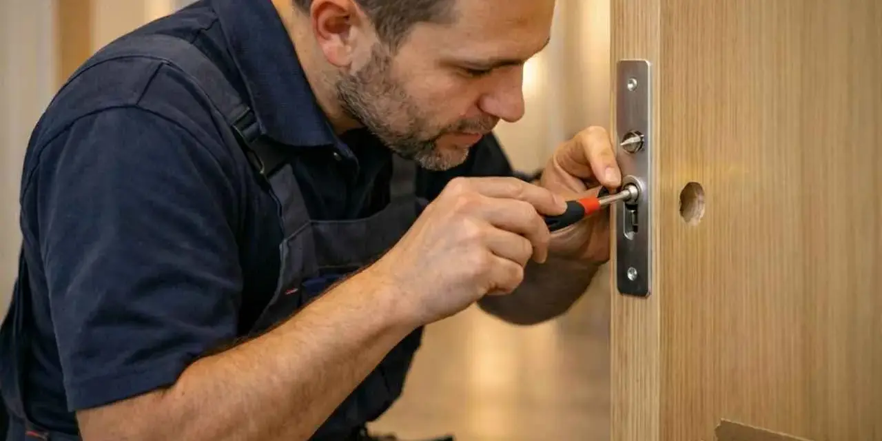 Un serrurier utilise un tournevis pour ajuster une serrure, une étape clé pour savoir comment mesurer un barillet de porte.