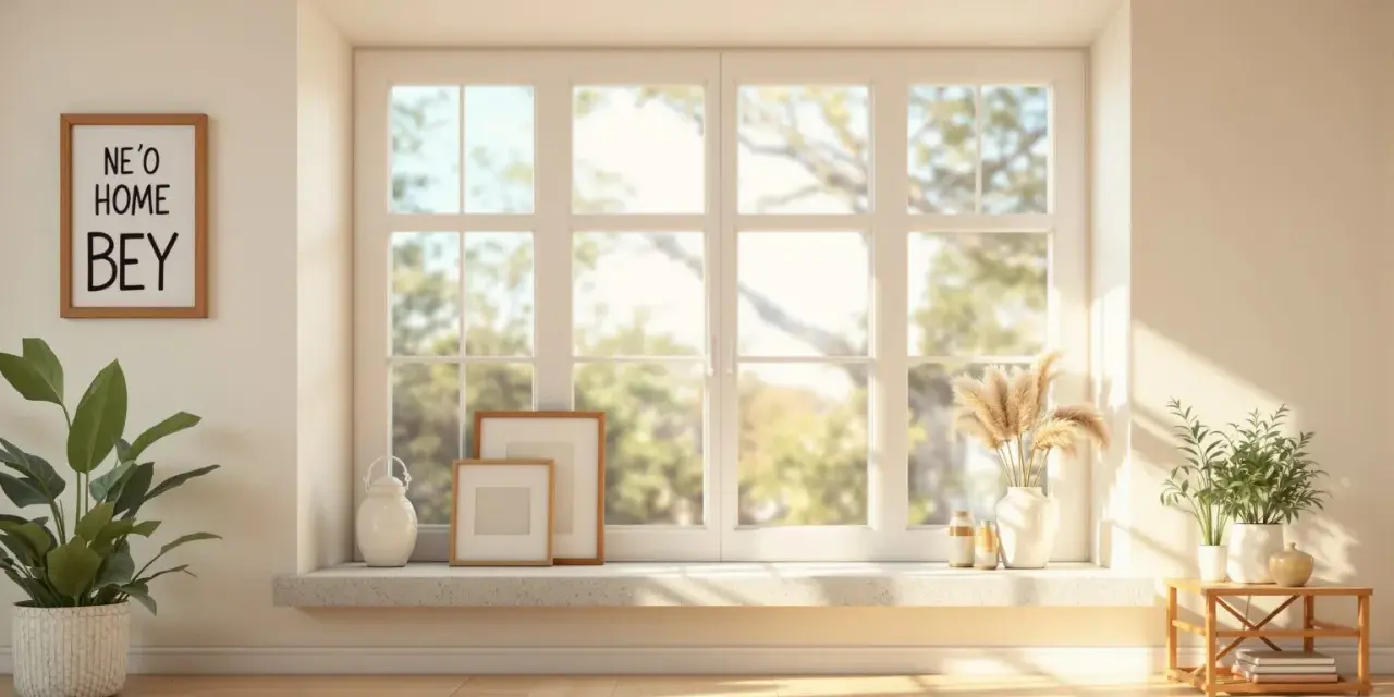 Une fenêtre avec allège pleine, décorée de cadres, de plantes et de vases, baignée de soleil.