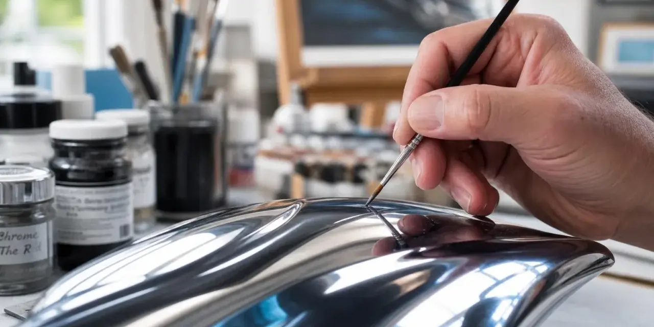 Main d'artiste peignant un objet à la finition chrome, ajoutant des détails subtils pour un réalisme saisissant.