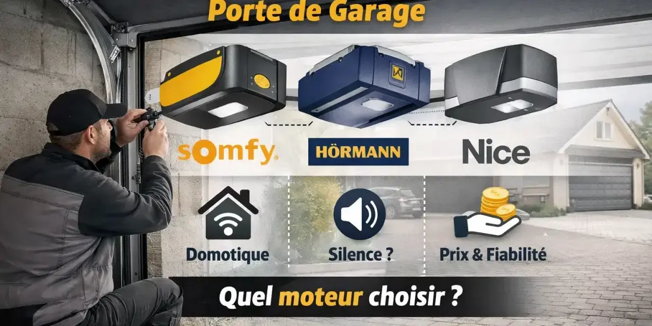 Comparatif de motorisations de porte de garage : Somfy, Hörmann, Nice. Quel moteur choisir pour domotique, silence et prix ?