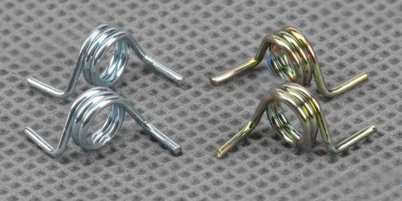 Deux ressorts argentés et deux ressorts dorés, essentiels au mécanisme d'une serrure de portail, reposent sur une surface texturée.