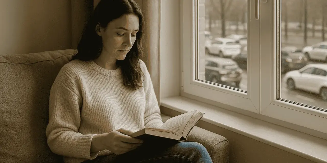Une femme lit un livre près d'une fenêtre phonique, profitant du calme malgré le bruit extérieur.