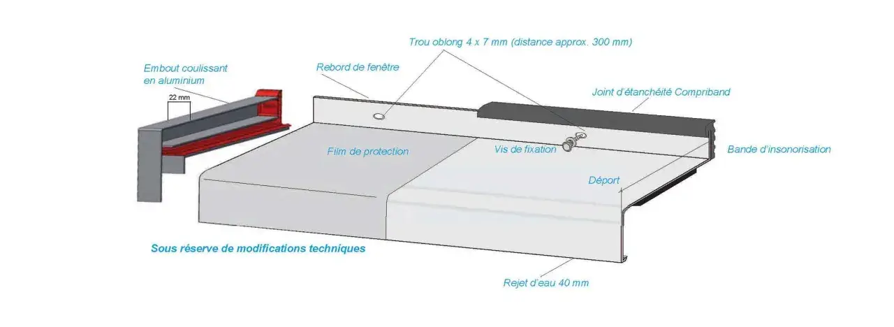 Détail d'un rejingot aluminium avec son embout coulissant, joint d'étanchéité, vis de fixation et bande d'insonorisation.