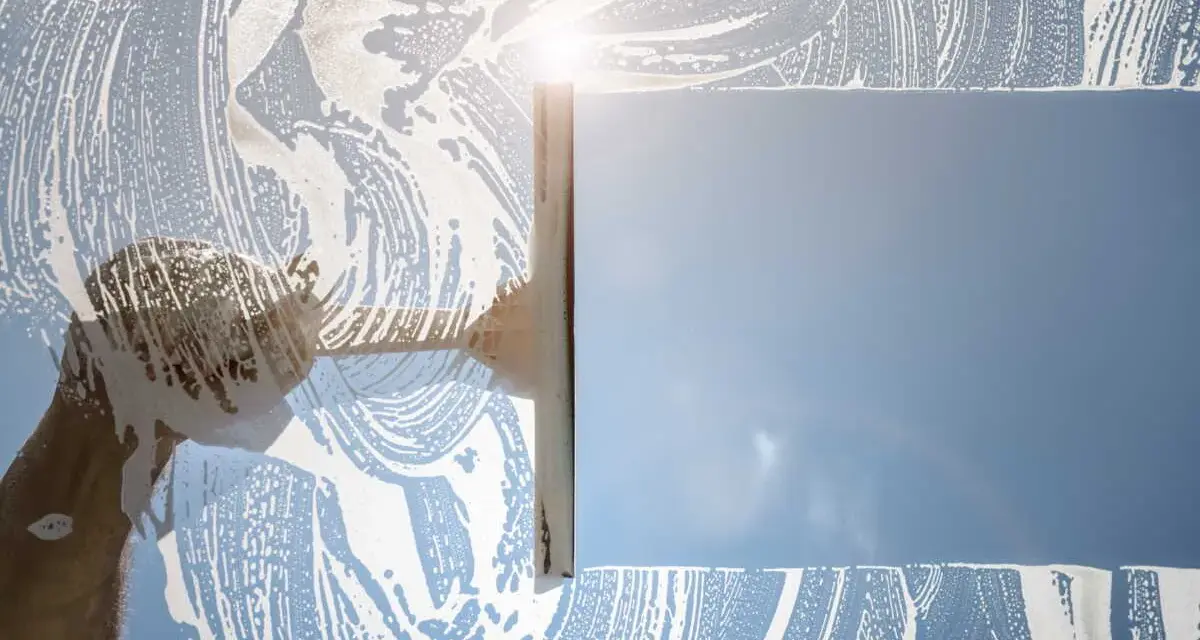 Nettoyage d'une vitre avec une raclette et de la mousse. Le soleil brille à travers la surface savonneuse, créant des reflets. Idéal pour enlever la colle sur vitre.