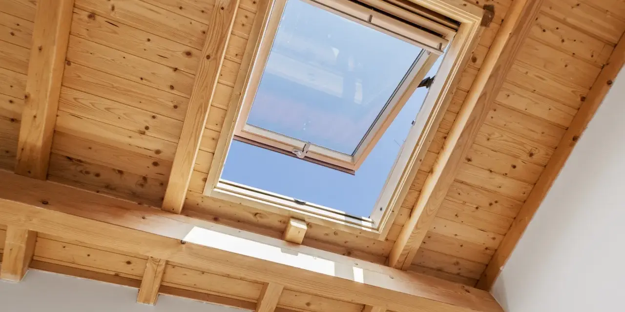 Un *uw velux* ouvert sur un ciel bleu éclatant, encadré par des poutres et un plafond en bois chaleureux.