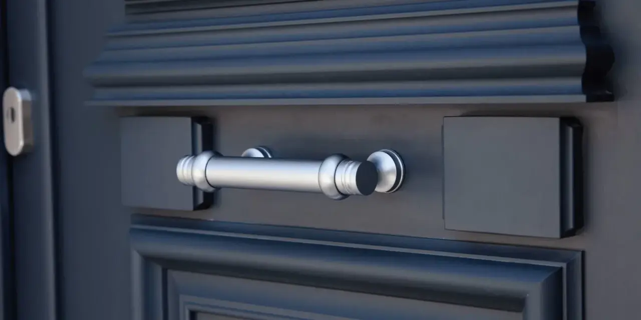 Barre de tirage porte d'entrée en argent, avec un design élégant. Son fonctionnement est simple et intuitif pour ouvrir la porte.